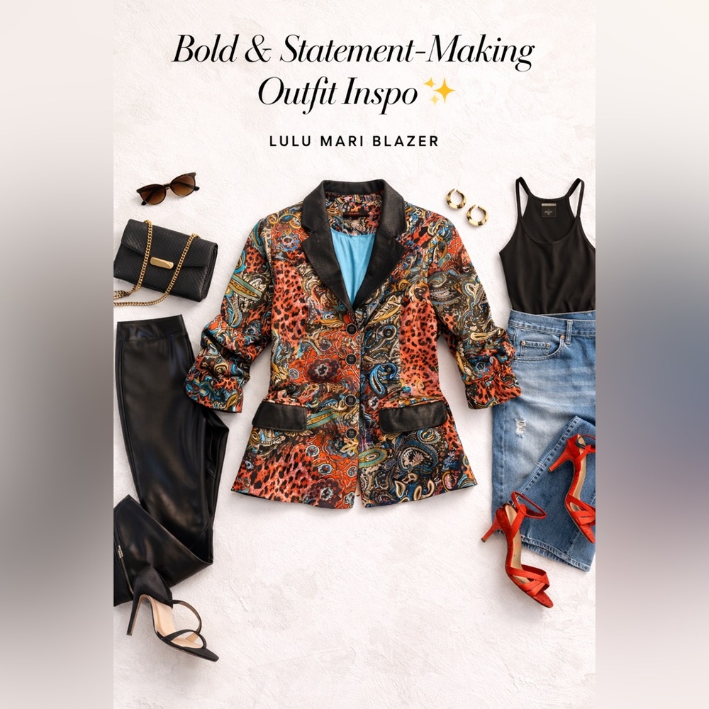 Lulu Mari Statement Blazer ✨ Mixed Print, Leather Detail, Bold Chic”